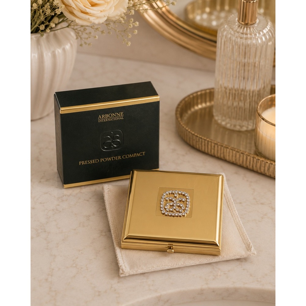 Vtg Arbonne Powder Compact Mirror Gold Crystal Refillable NEW